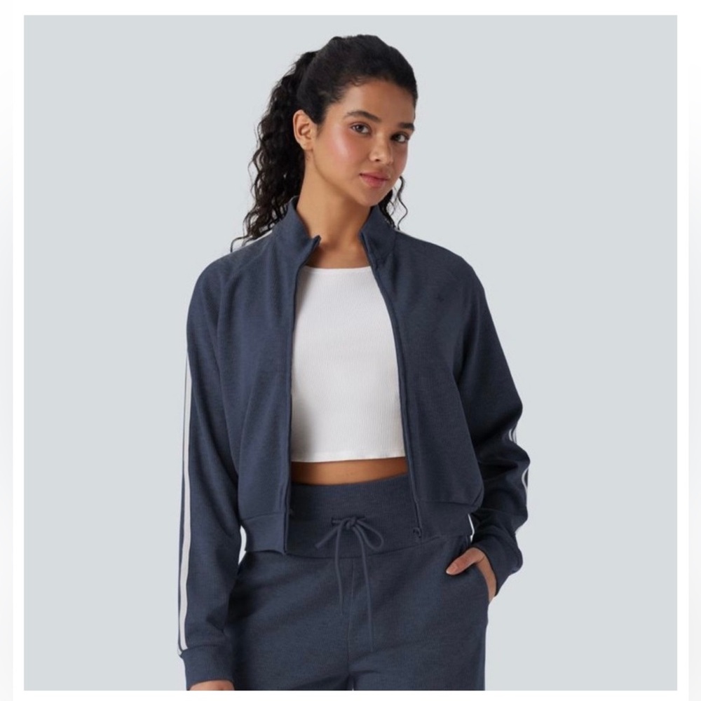 Halara Ribbed Stand Collar Long Sleeve Zipper Casual Jacket‎ with Pockets Medium